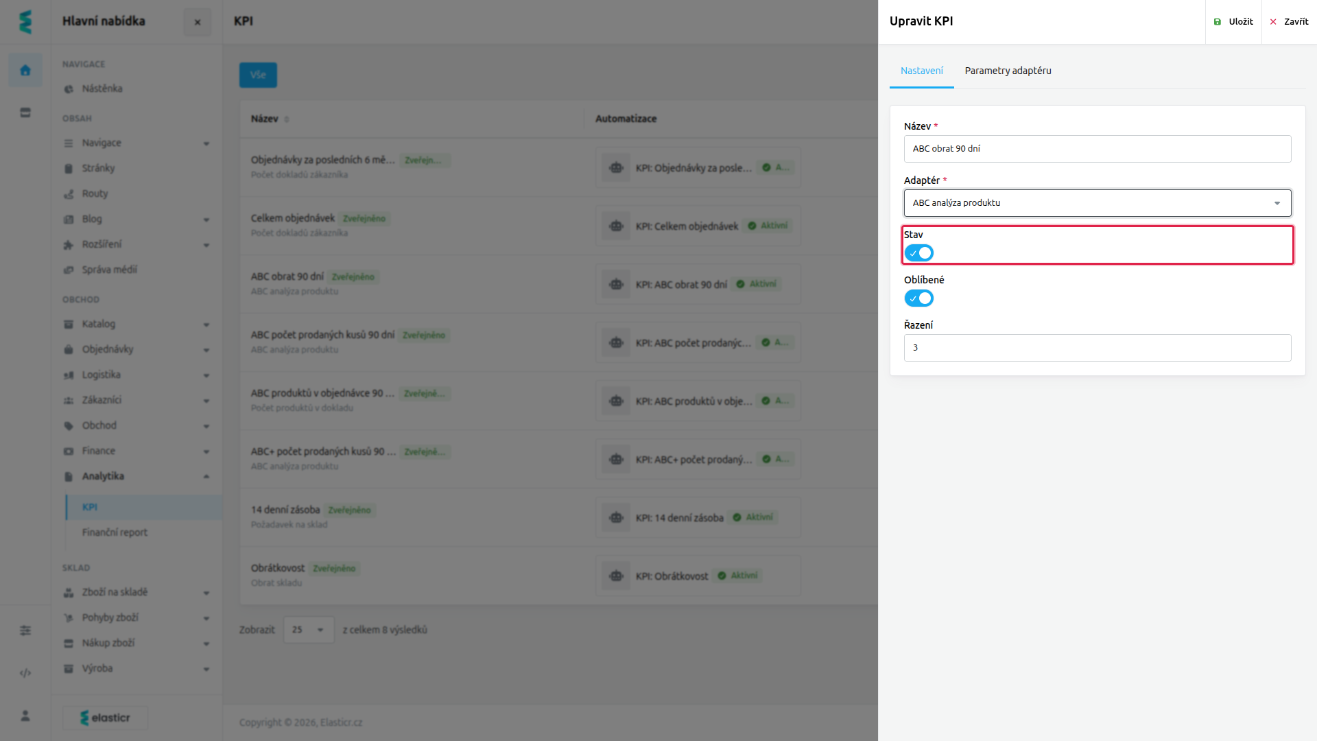 Panel Upravit KPI na záložce Nastavení se zvýrazněným přepínačem Stav