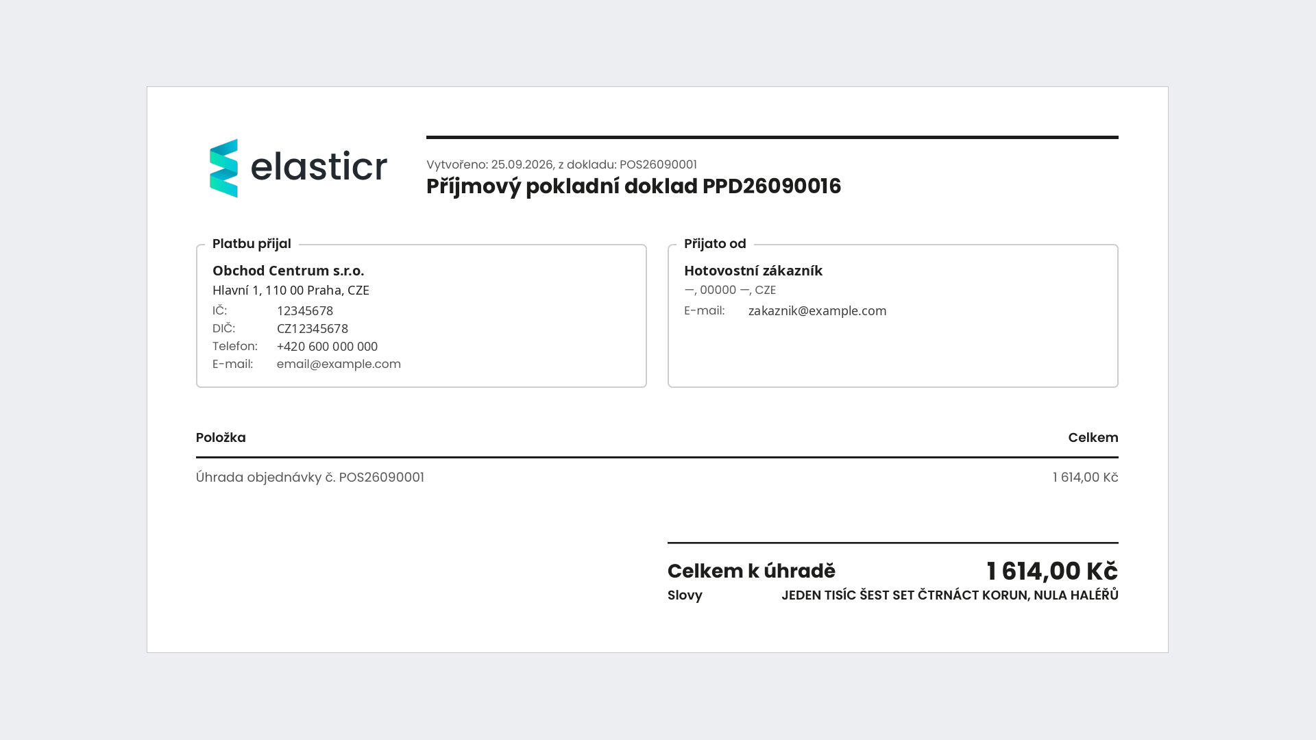 Příjmový pokladní doklad v PDF s údaji provozovatele, zákazníka, položkou a částkou slovy