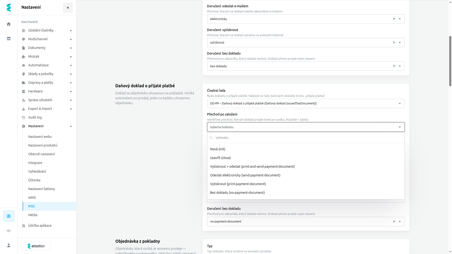 Rozbalený výběr Přechod po založení na kartě Daňový doklad o přijaté platbě s přechody workflow zvolené řady