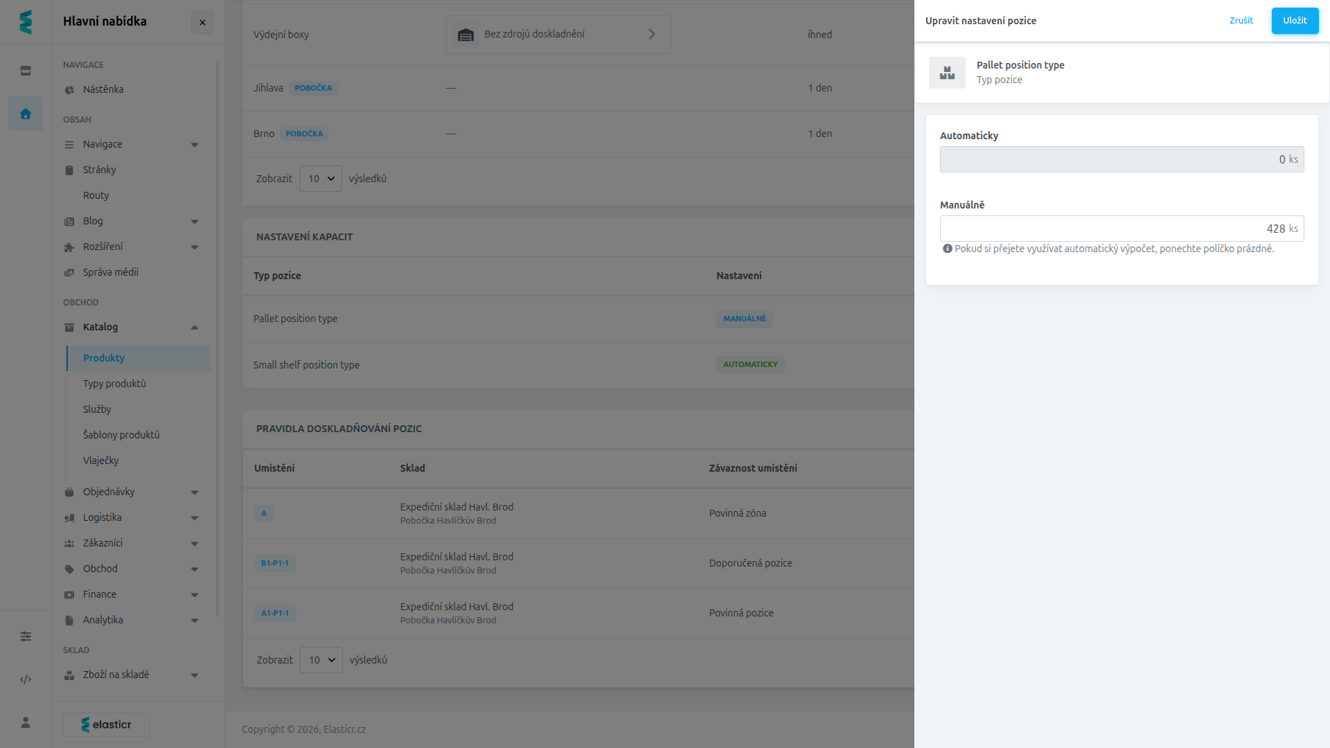Postranní panel Upravit nastavení pozice s poli Automaticky a Manuálně