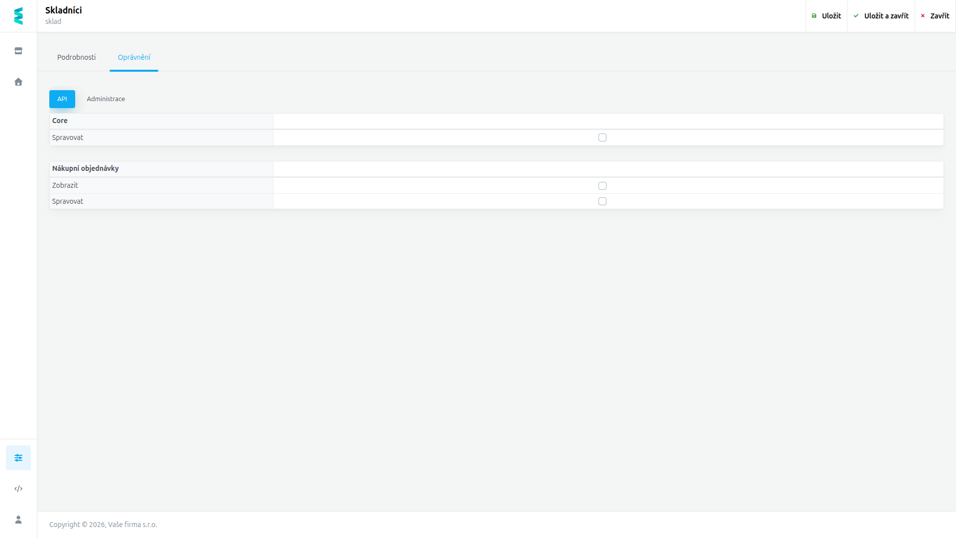 Záložka Oprávnění se sub-záložkami API a Administrace a řádky oprávnění po agendách