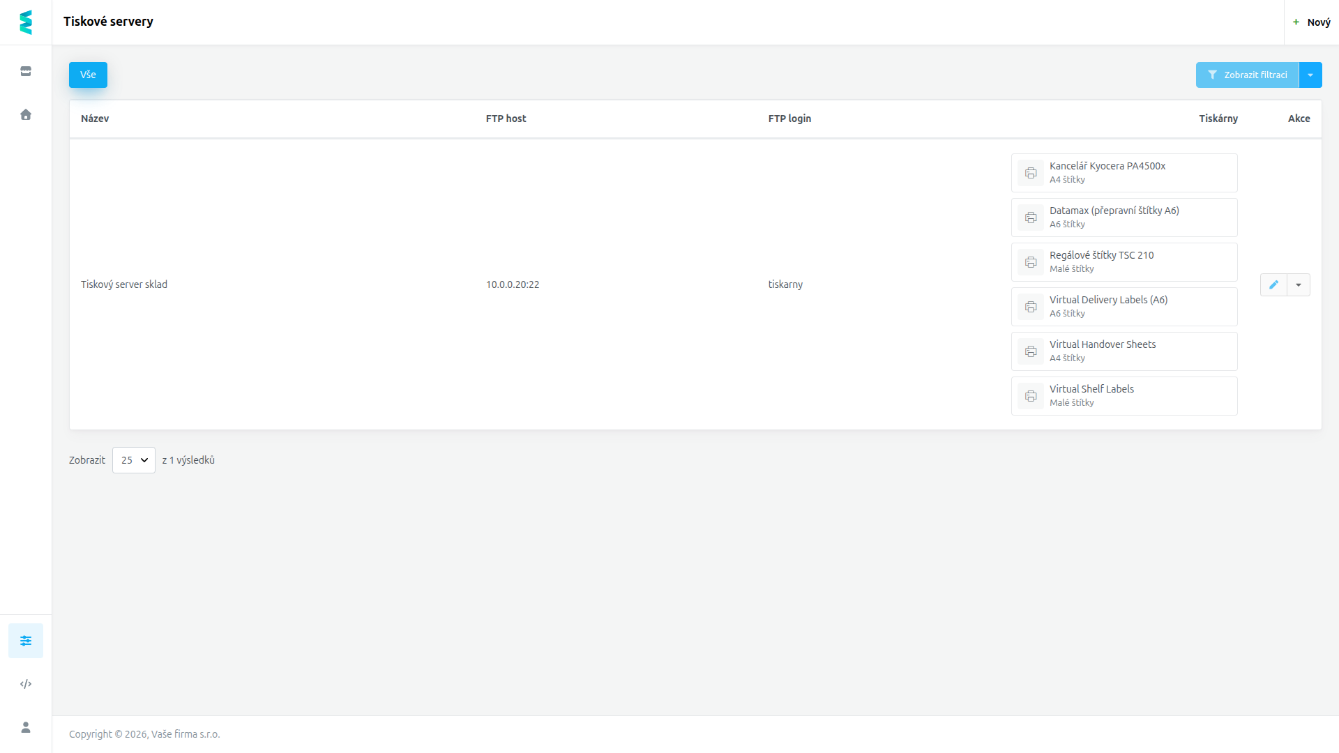 Výpis tiskových serverů se sloupci Název, FTP host, FTP login a Tiskárny