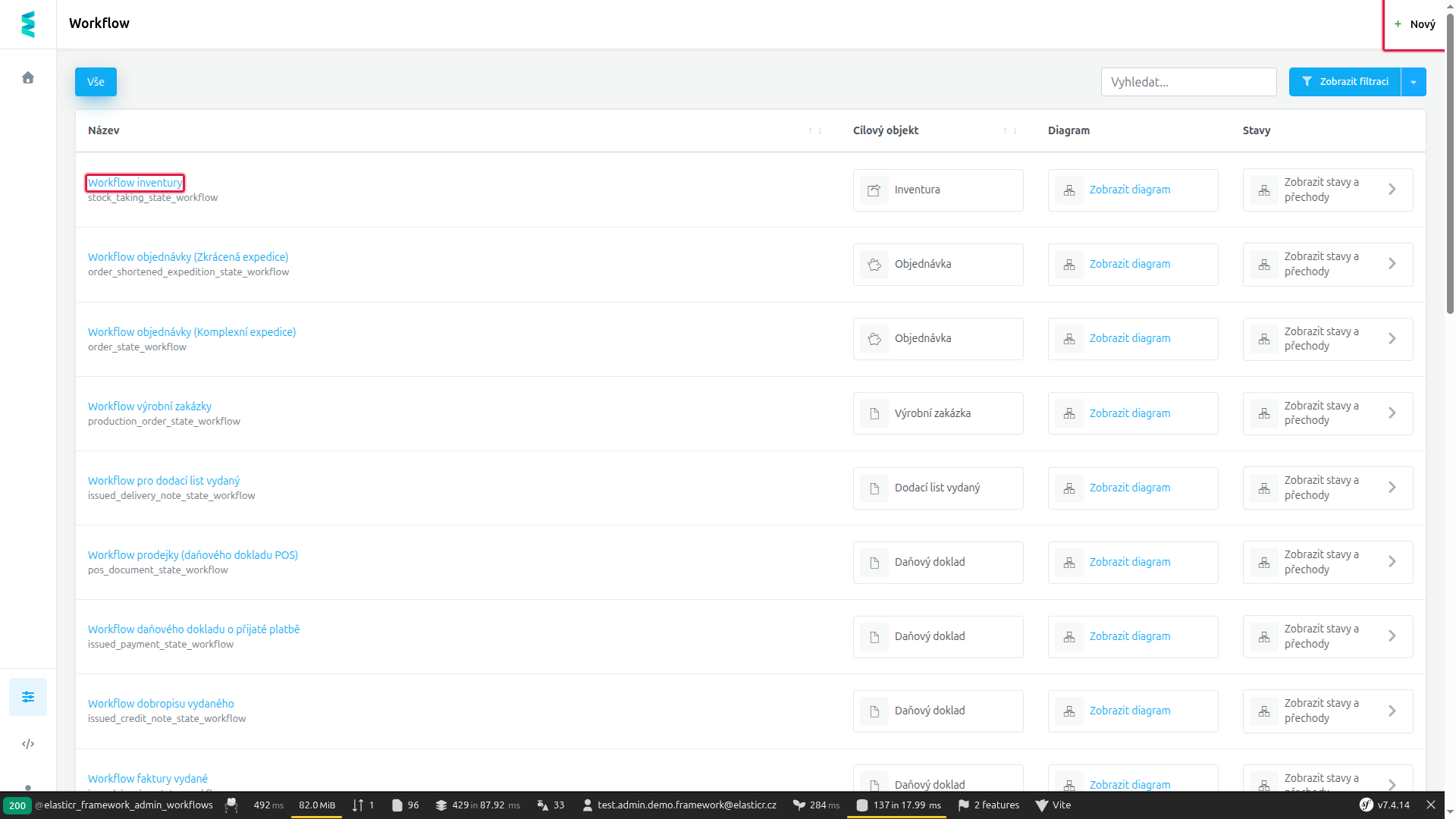 Seznam definic workflow se zvýrazněným tlačítkem Nový a odkazem na první workflow