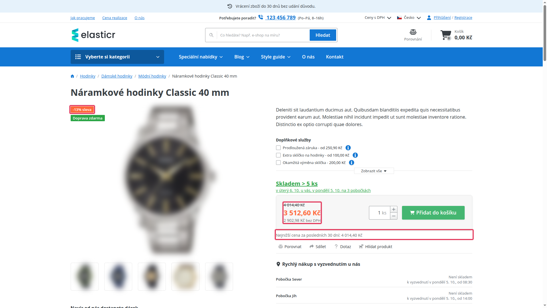 Detail produktu na e-shopu se zvýrazněným štítkem slevy, přeškrtnutou referenční cenou nad prodejní cenou a řádkem s nejnižší cenou za posledních 30 dní