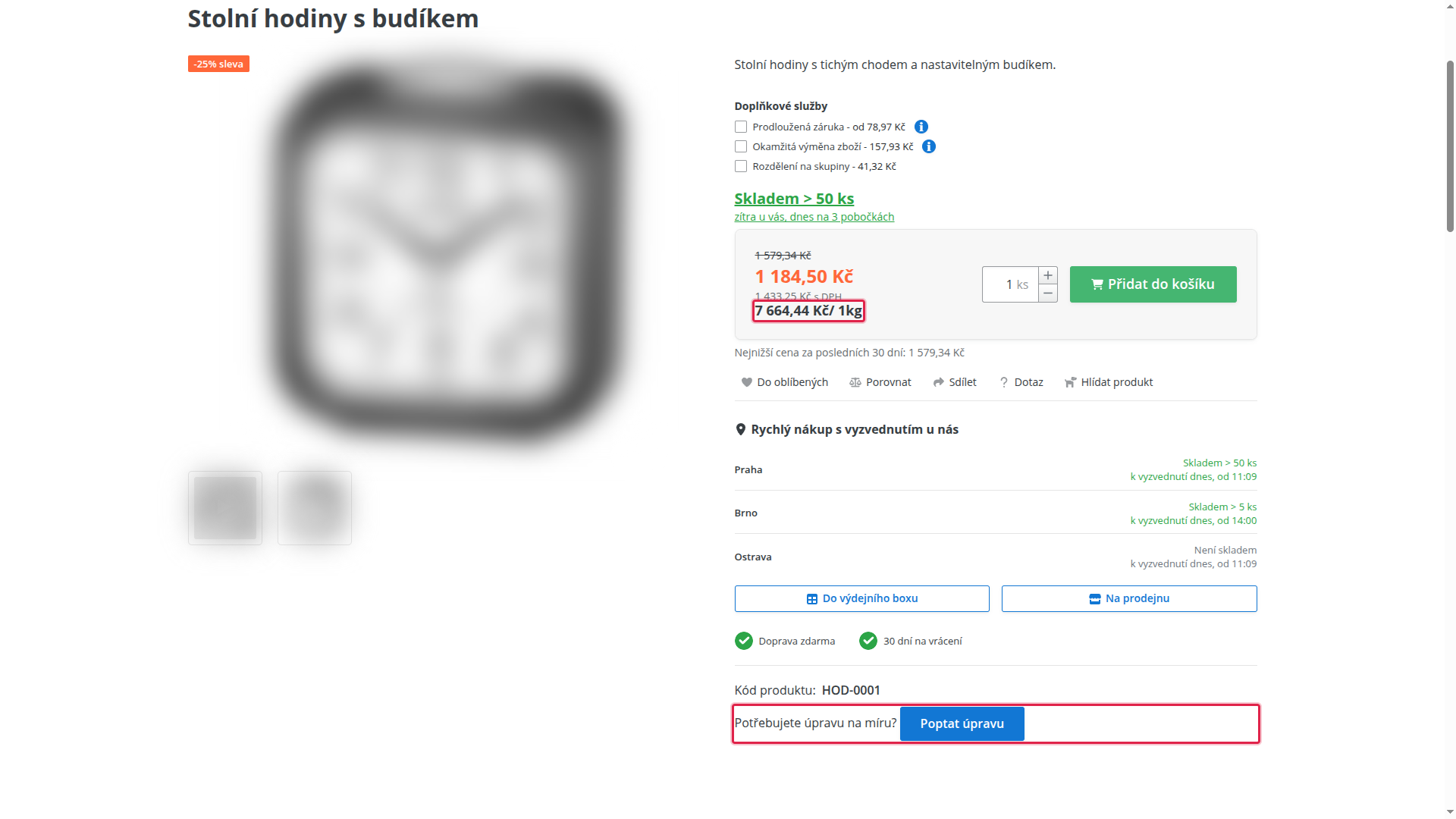 Detail produktu s vyznačenou měrnou cenou a tlačítkem kontaktního formuláře