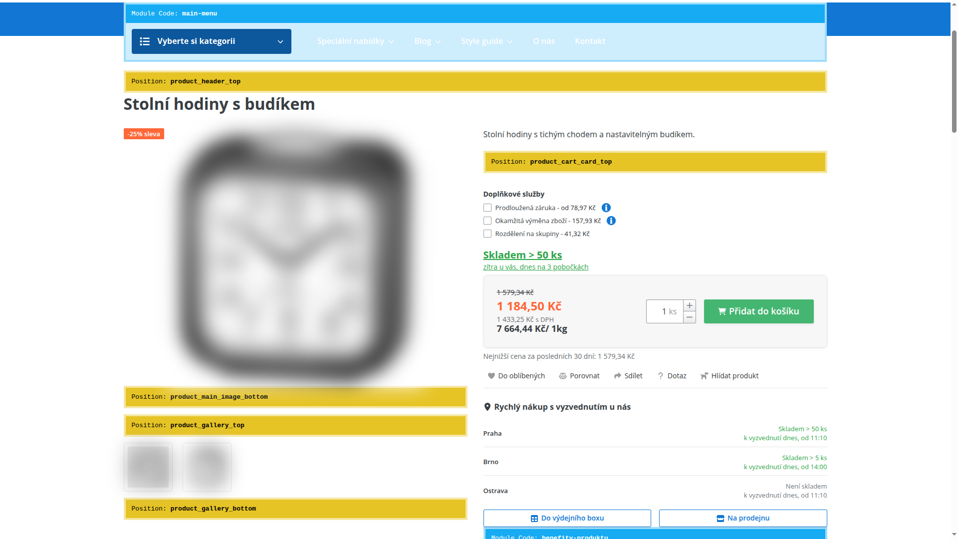 Detail produktu v režimu náhledu pozic se žlutými pruhy s kódy pozic