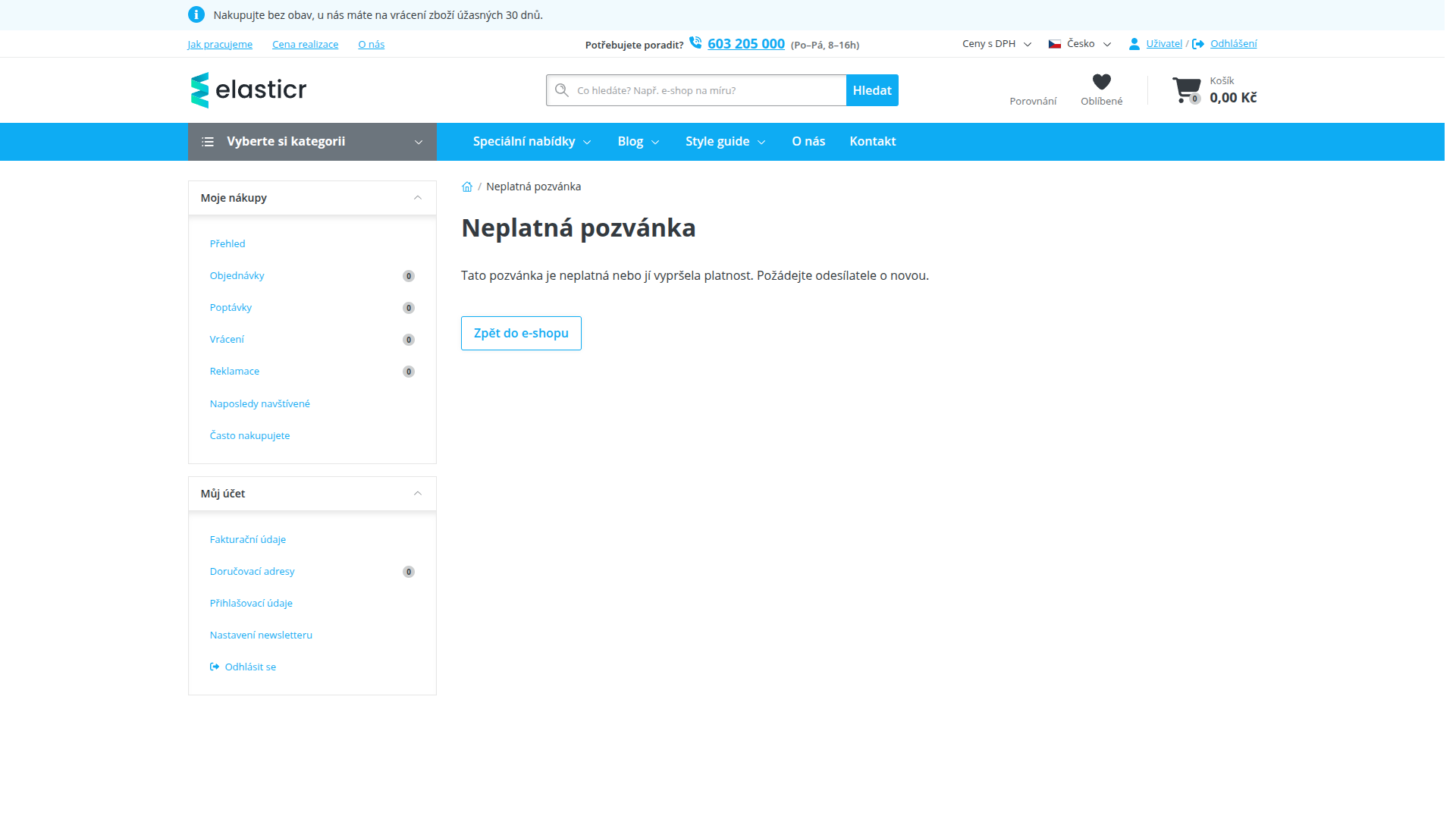 Stránka Neplatná pozvánka s vysvětlením a odkazem zpět do e-shopu