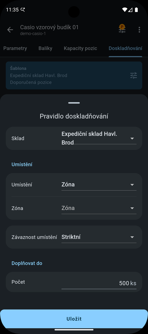 Formulář pravidla doskladňování s umístěním na zónu