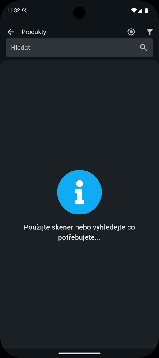 Seznam produktů v terminálu s ikonou terče v horní liště